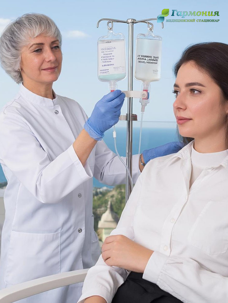 Врач и пациент с капельницей на фоне берега Экибастуза
