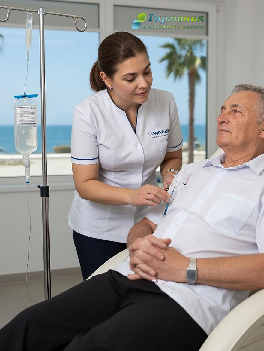 Врач и пациент с капельницей на фоне берега Экибастуза