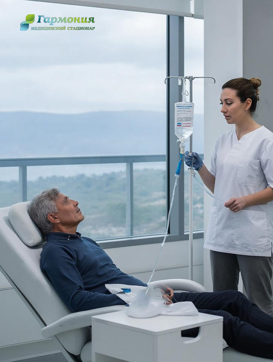 Врач и пациент с капельницей на фоне берега Экибастуза